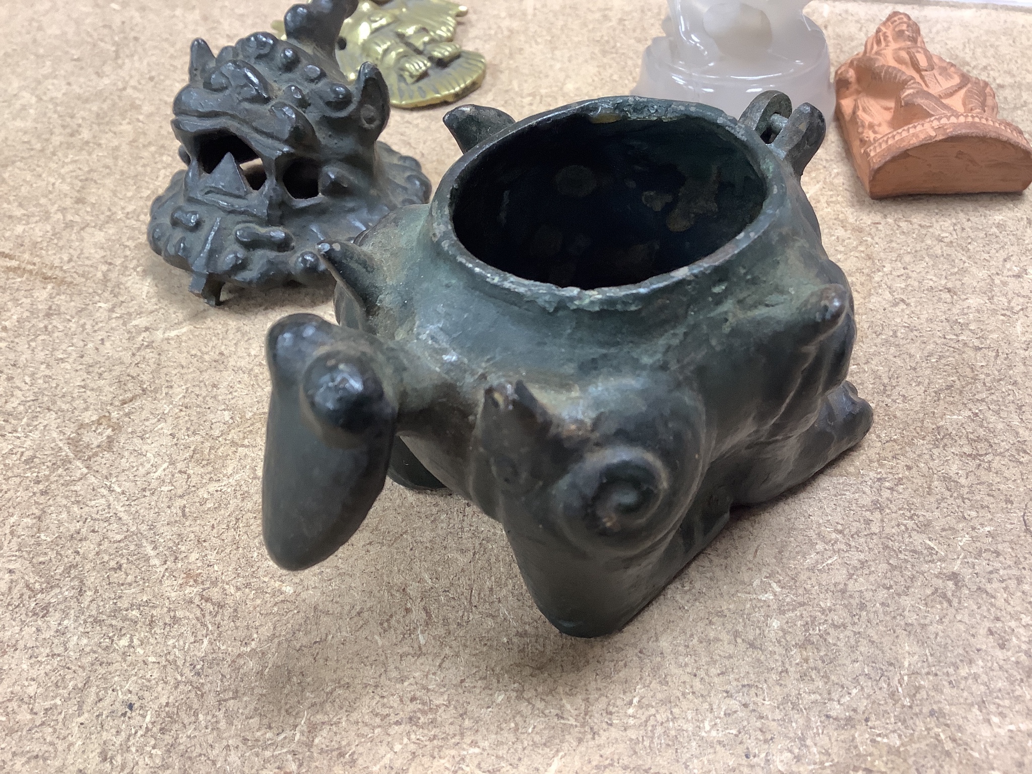 Assorted Chinese items including a bronze Luduan censer and an agate carving etc